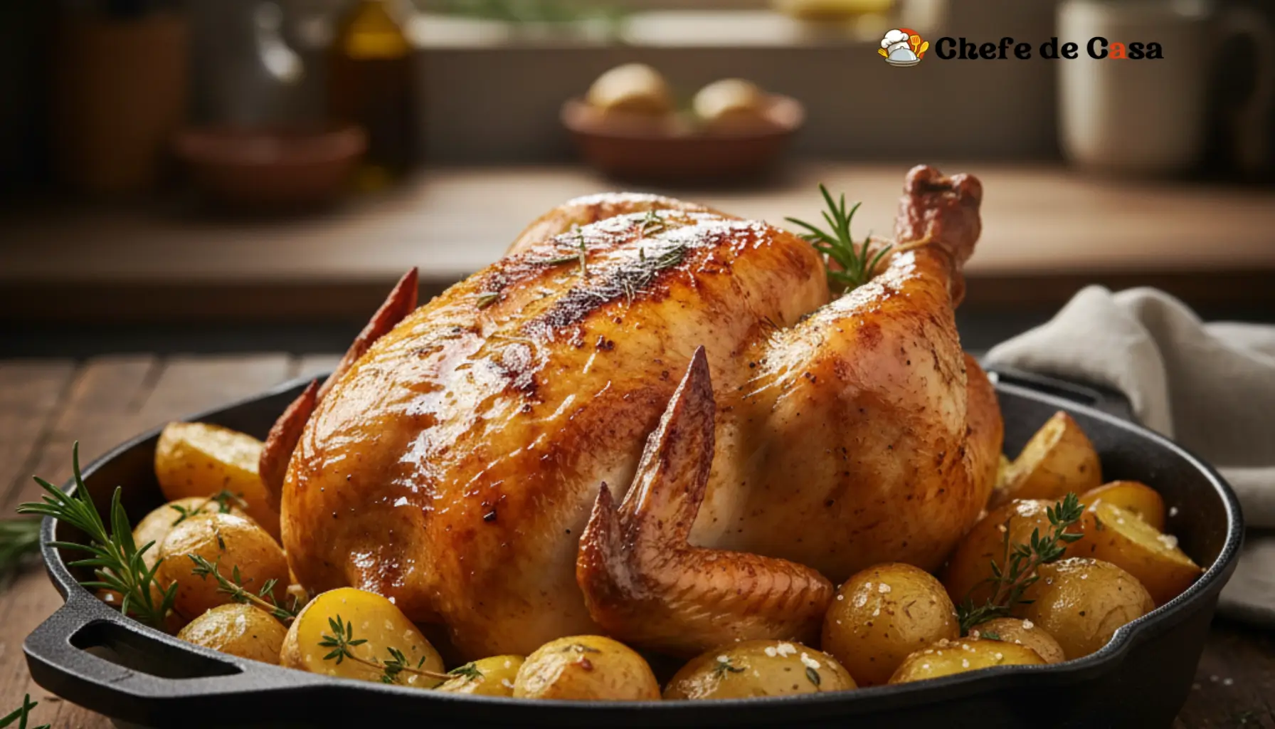 Frango assado com batatas suculento e prático para qualquer ocasião